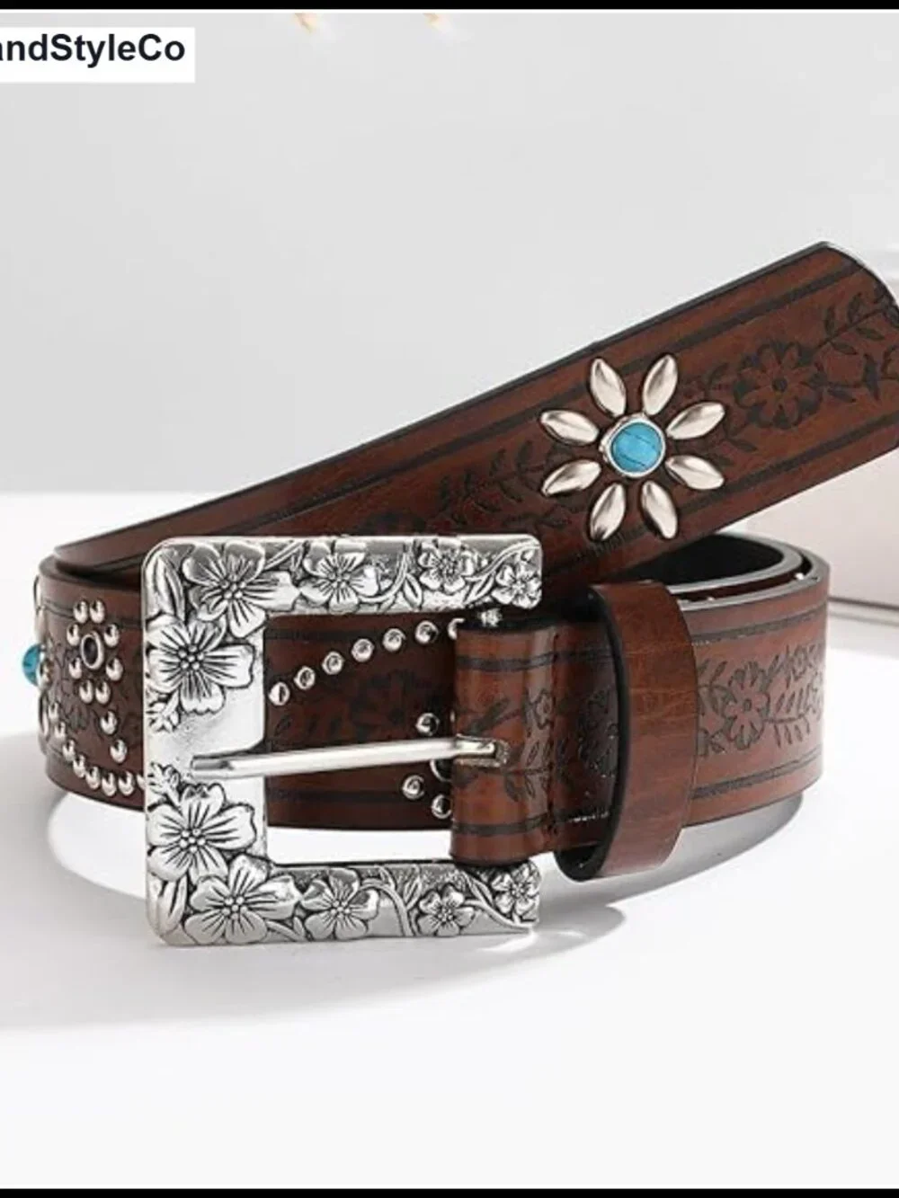 Western Cowboy Belt for Women, Faux Leather Flower Embossed with Silver Buckle